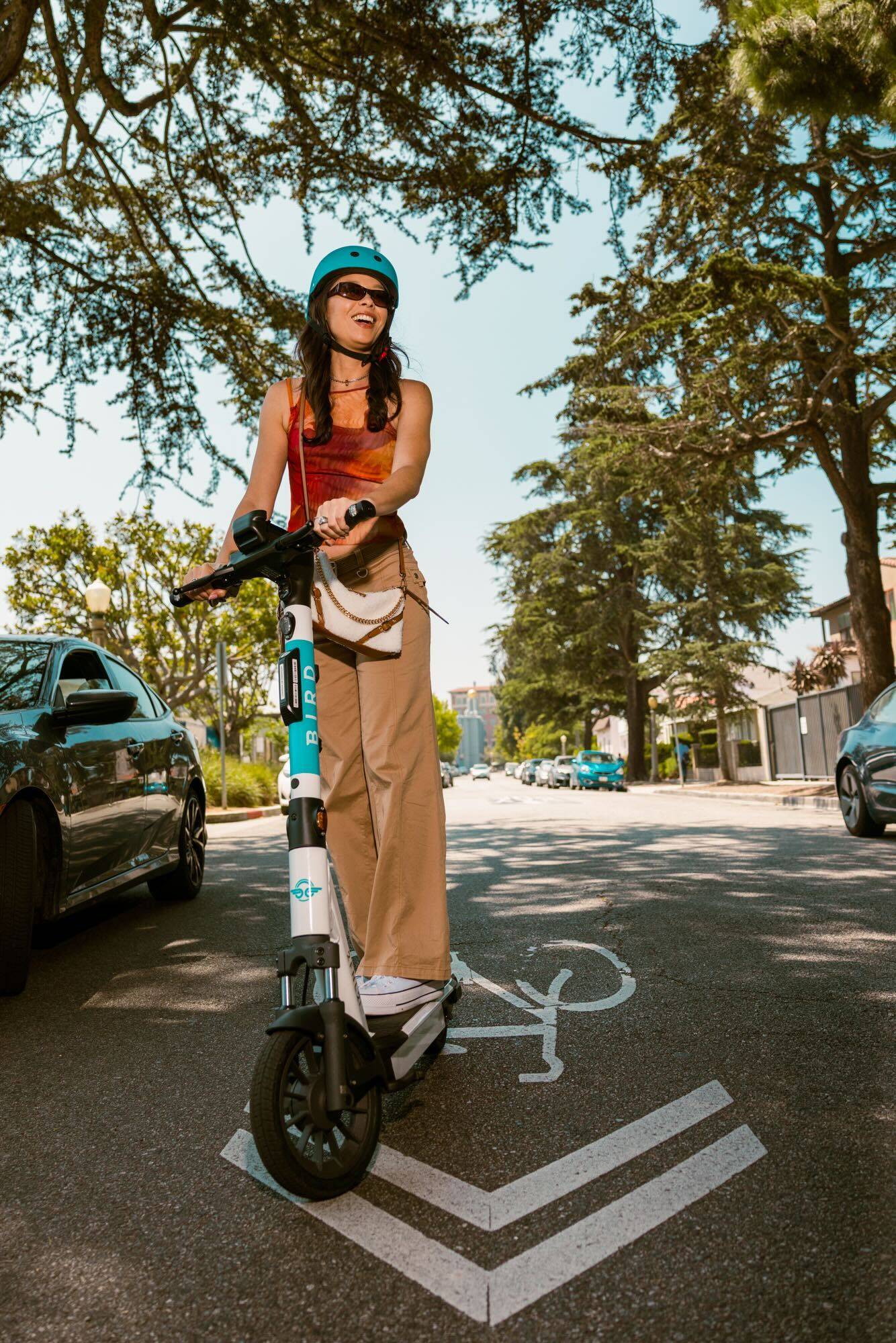 Pilote en trottinette Bird dans une piste cyclable protégée, dans une rue ensoleillée