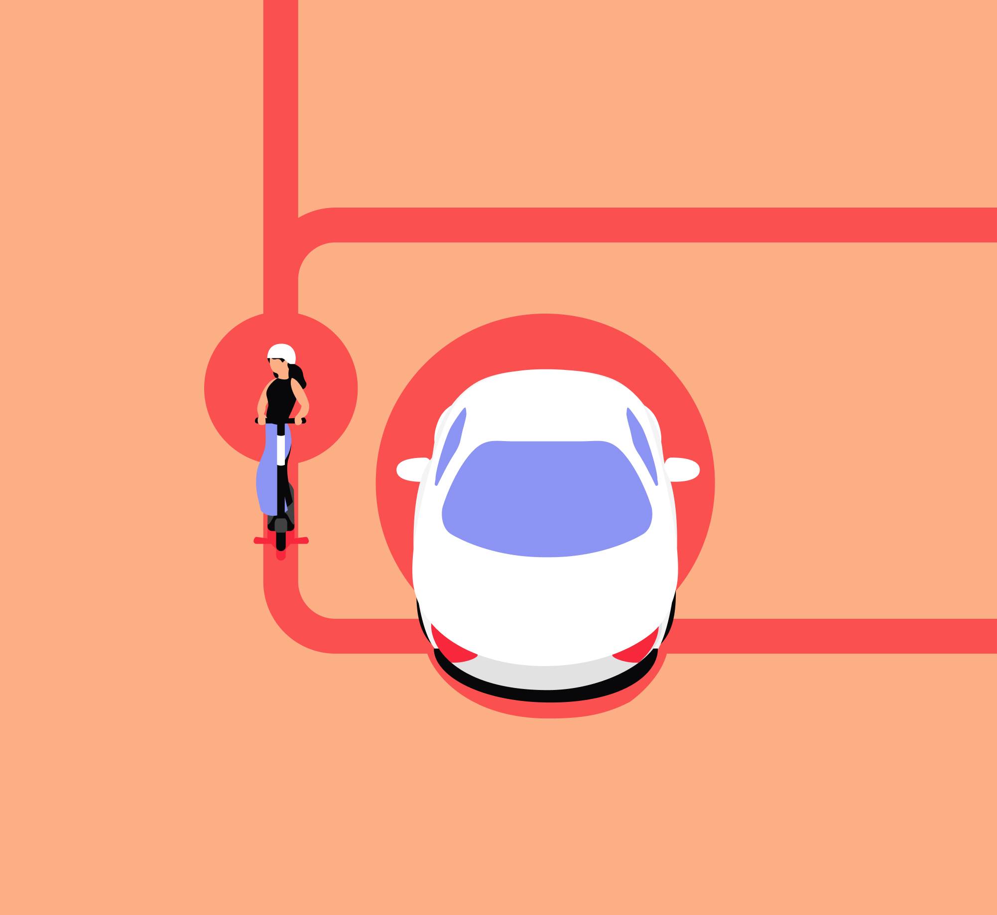 Illustration en vue de haut d'une voiture et d'un cycliste qui s'approchent de la même intersection.