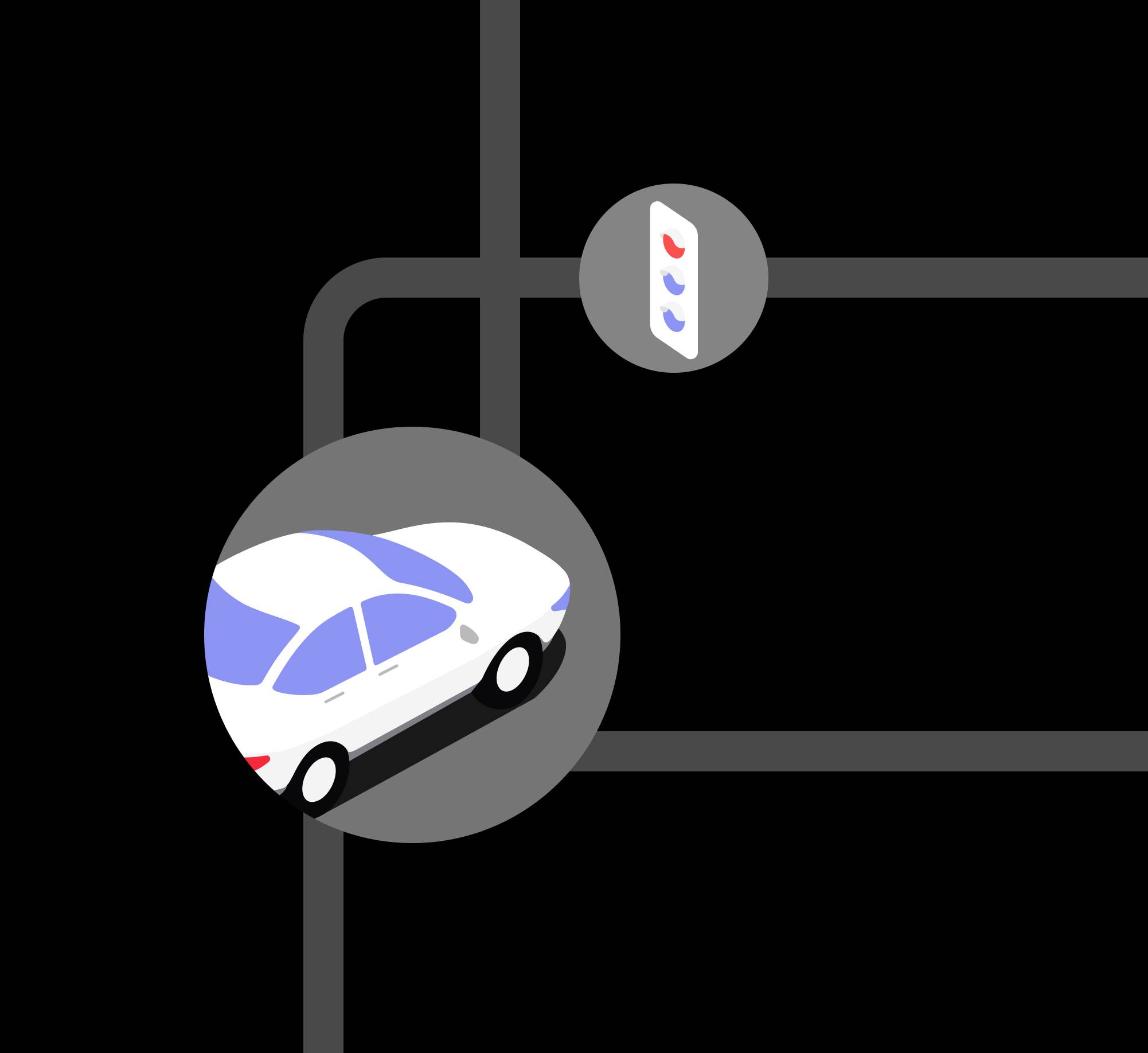 Illustration d'une voiture roulant dans une rue de la ville vers un feu de circulation à une intersection.