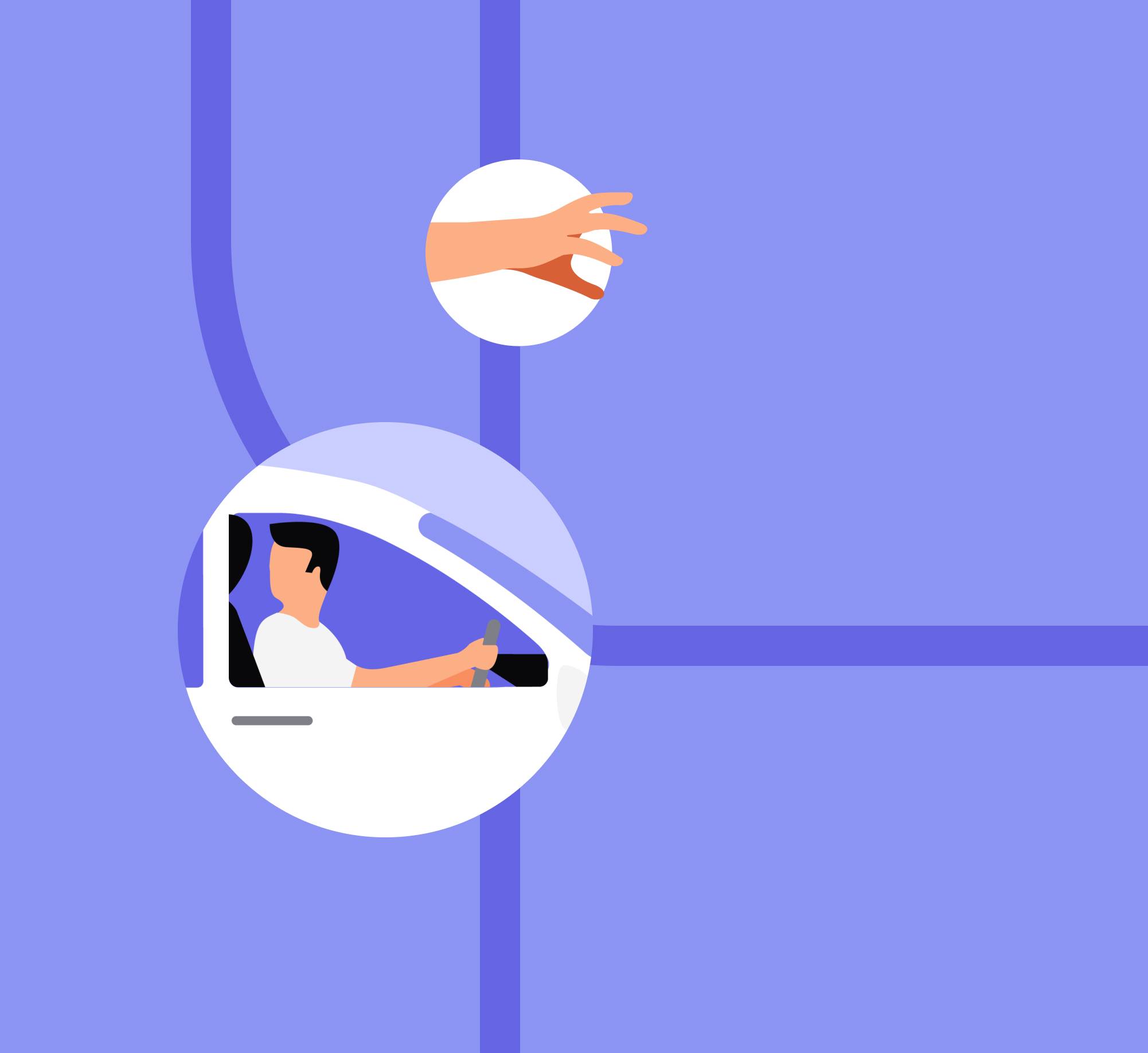 Illustration d'un conducteur à une intersection, la main tendue pour ouvrir la portière de la voiture.